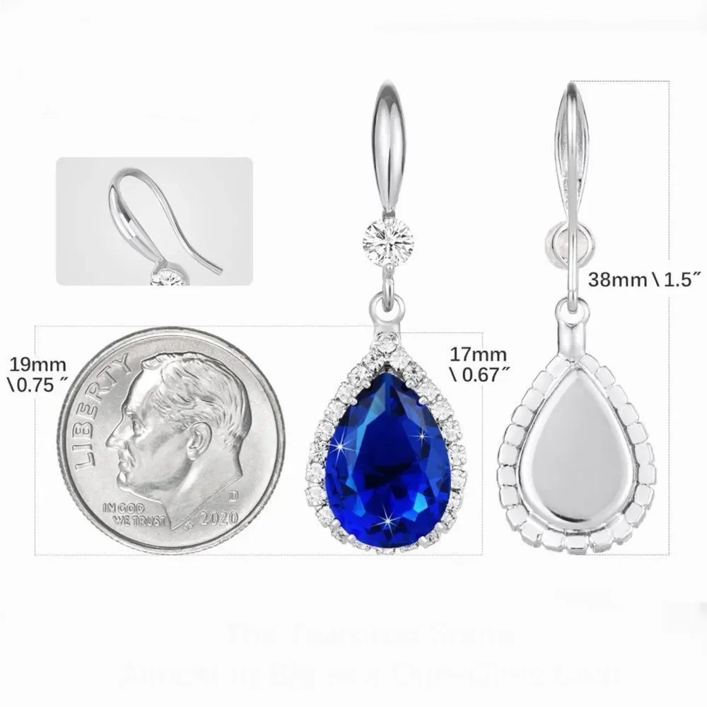 14K White Gold with Blue Sapphire Cubic Zirconia Teardrop Hook Dangle Earrings